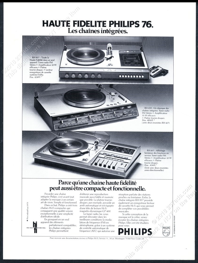 1976 Philips Hi Fi RH 937 859 837 turntable photo French vintage print ad