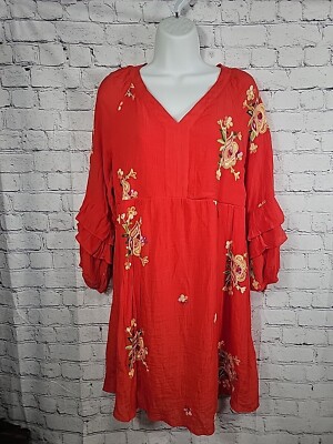 Fig And Flower Boho Embroidered Ruffled Gauzy Red Floral Dress Size M | eBay