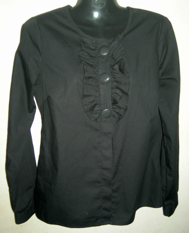 Womens Black Cotton Long Sleeve Button Up Shirt Frills Office Work Piper Size 8