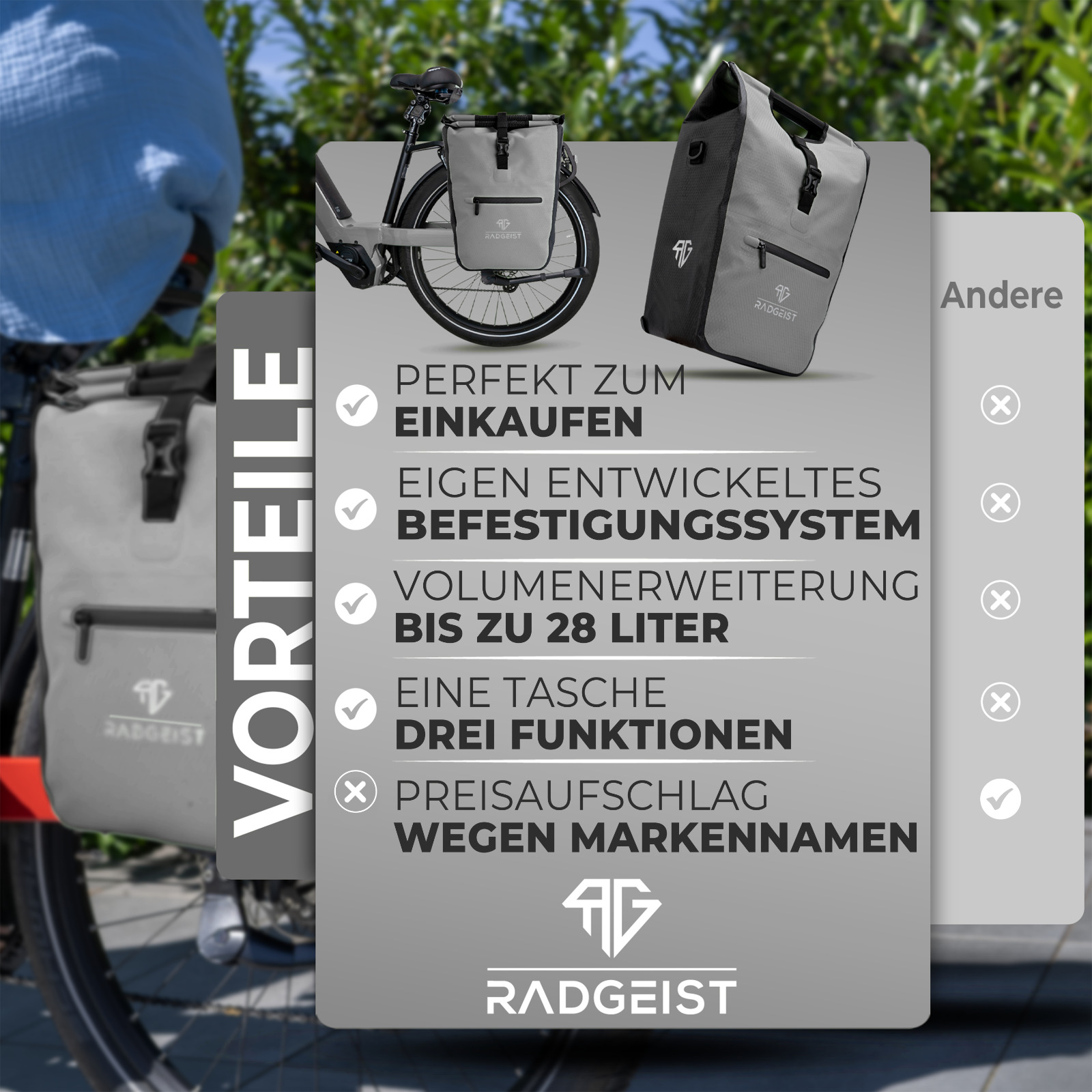 RADGEIST Fahrradtasche für Gepäckträger I Gepäckträgertasche Shopper 22-28 Liter