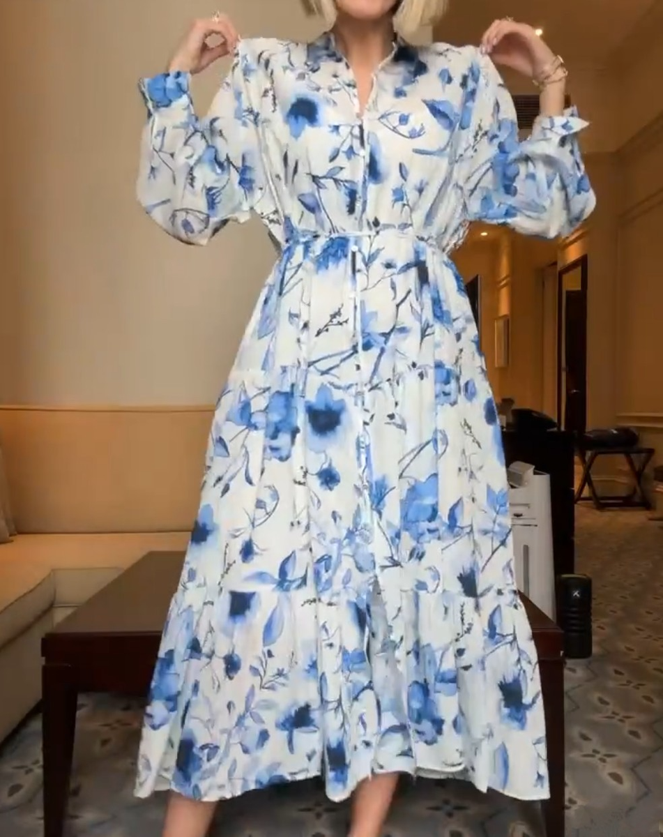 Ladies - White/Blue floral Oversized crinkled dress - Size: M - H&M