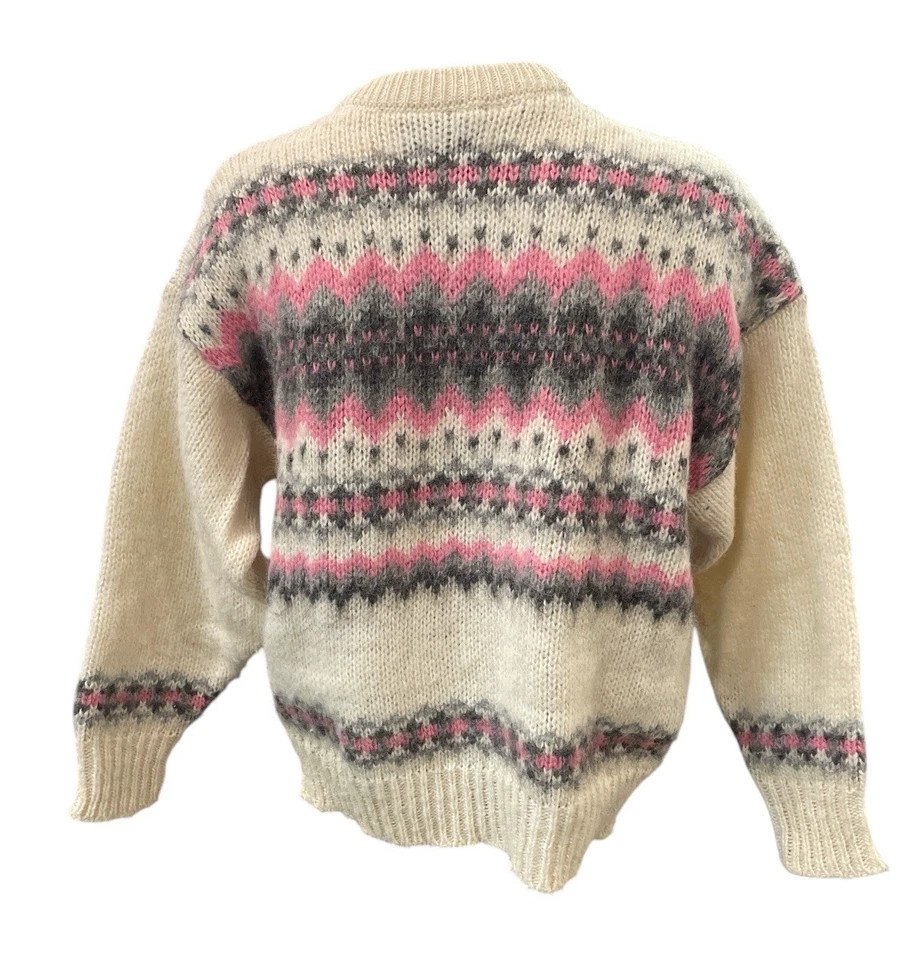 Suéter Vintage Tejido Esquimal 100% Lana Rosa Gris Marfil Fair Isle XL Inglaterra Foto 2 de 3