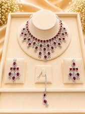 AD stone Silver Plated Red Pear Crystal Jewellery Set Necklace Earrings & tikka