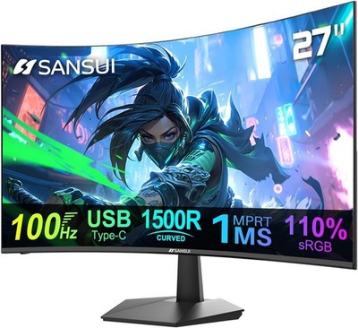 SANSUI Curved Monitor 27 inch 120Hz USB Type-C Computer Monitor with Speakers...