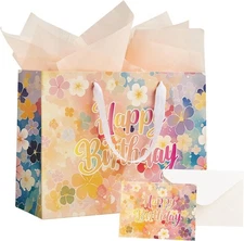 RACETOP 13" Large Happy Birthday Gift Bag with Handle, Tissue Paper and Card for