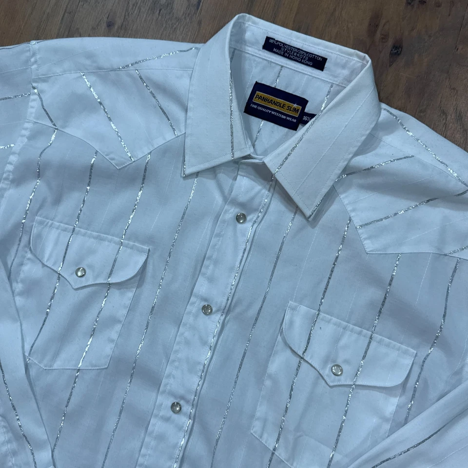 Винтажная тонкая рубашка Panhandle мужская L белые полоски легкий жемчуг застежка вестерн - Изображение 3 из 4