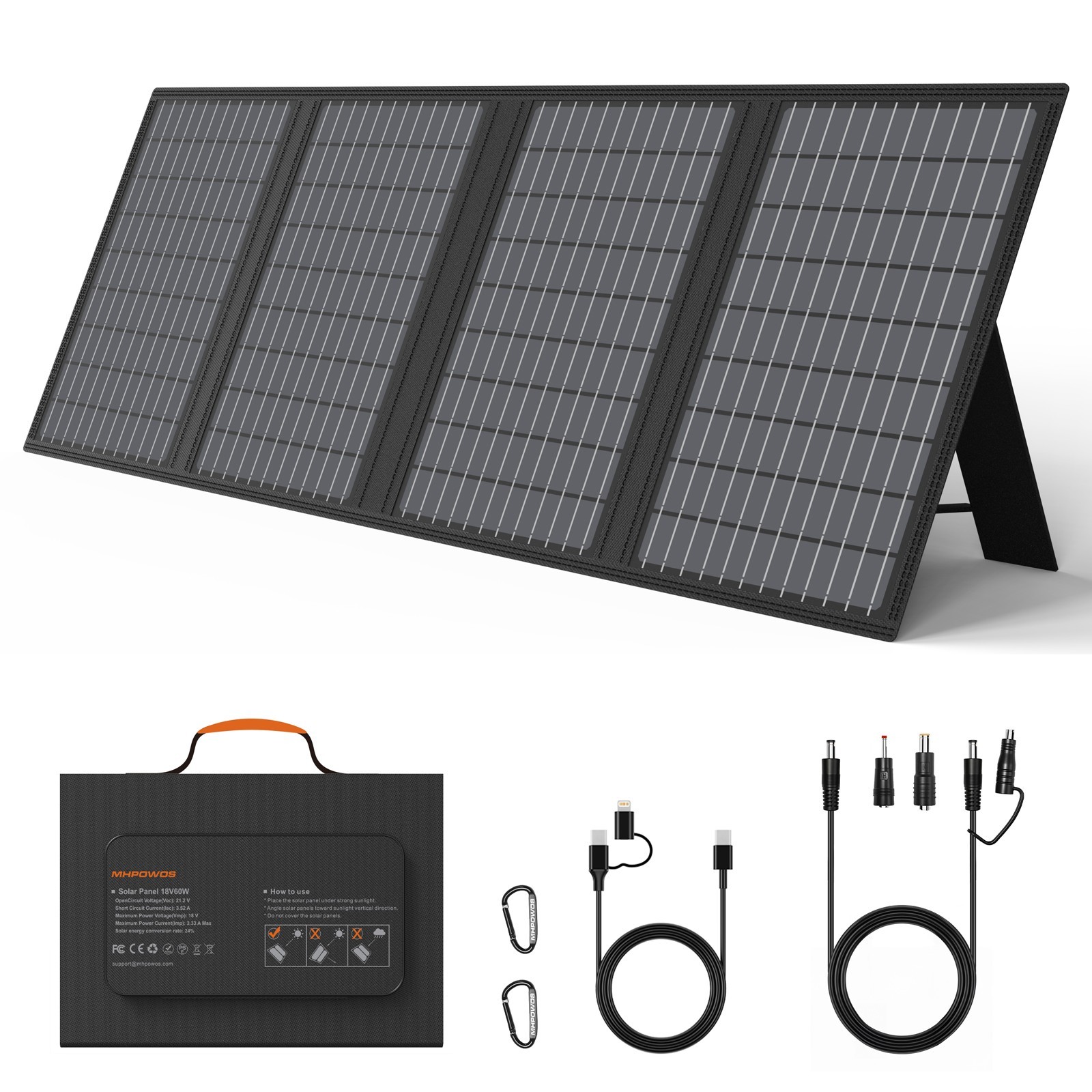 60W Portable Solar Panel QC3.0 USB-A USB-C DC for Anker 521 300W Power Stations