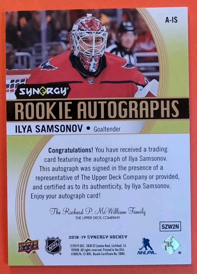 ILYA SAMSONOV ROOKIE AUTO 2018-19 UD SYNERGY ROOKIE AUTOGRAPHS #A-IS CAPITALS - Image 2 of 4