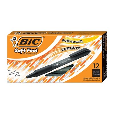 BIC Soft Feel Black Retractable Ballpoint Pens, Fine Point (0.8mm), 12-Count,