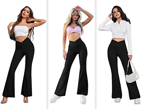 Women's Flare Yoga Pants with Pockets-V Crossover High Waisted Medium Black - Picture 6 of 6