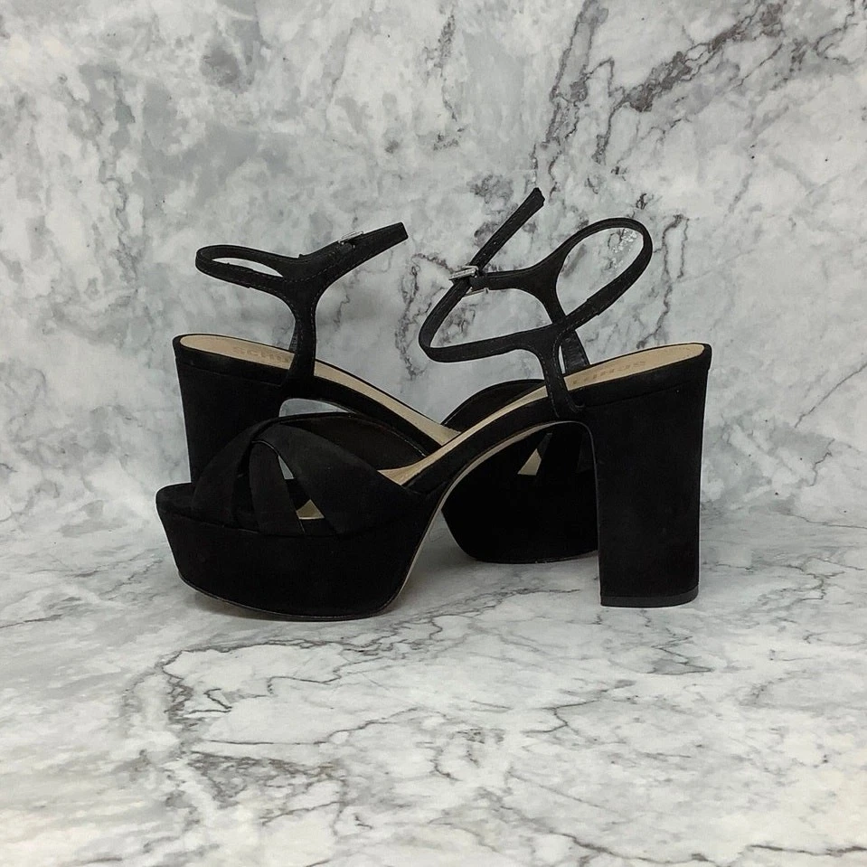 Sandalias de plataforma Schutz talla 8,5B negras nobuck Keefa tacón bloque correa al tobillo A8-1 Foto 4 de 4