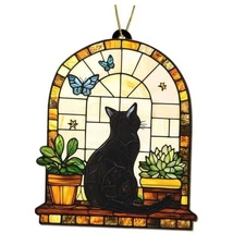 Black Cat Stained Glass Ornament, Window Scene Tree Decoration with Cat Lover