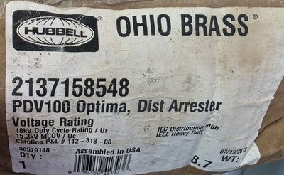Hubbell Ohio Brass PDV100 Optima Dist Surge Arrester 18kV/ 15.3kV