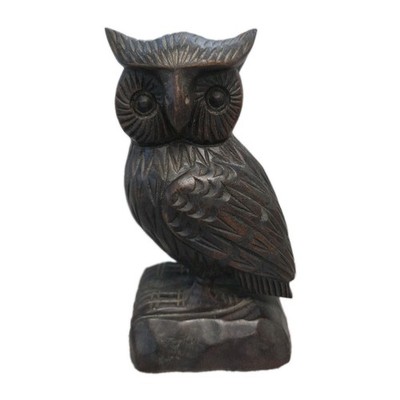 VNTG Folk Art Hand Carved Wood Wise Old Owl Figurine 7'' Sculpture Brown Rustic