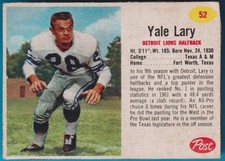 1962 Post Cereal Yale Lary, Halfback, Detroit Lions(HOF)(9x PB)(3x NFL Champ)#52
