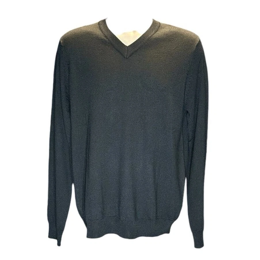 NWT DKNY Black V Neck Merino Wool Blend Sweater Size M