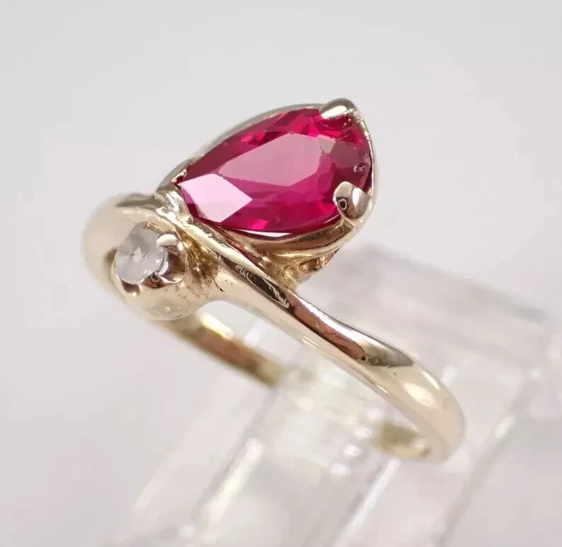 14K Yellow Gold Plated 2Ct Pear Lab Created Ruby Teardrop Solitaire Wedding Ring - Image 3 of 4