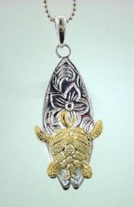 Authentic 13MM 2T YELLOW GOLD PLATED 925 SILVER HAWAIIAN SURFBOARD HONU TURTLE PENDANT #1