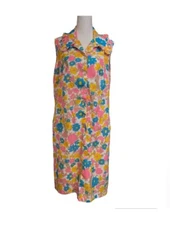 Vintage 60s 70s Colorful Floral Mod House Dress Union Made ILGWU Check Size