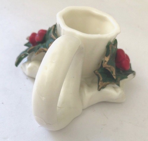 Porcelain Holly Berry Leaf Taper Finger Ring Candle Holders Gold Trim Christmas - Picture 4 of 6