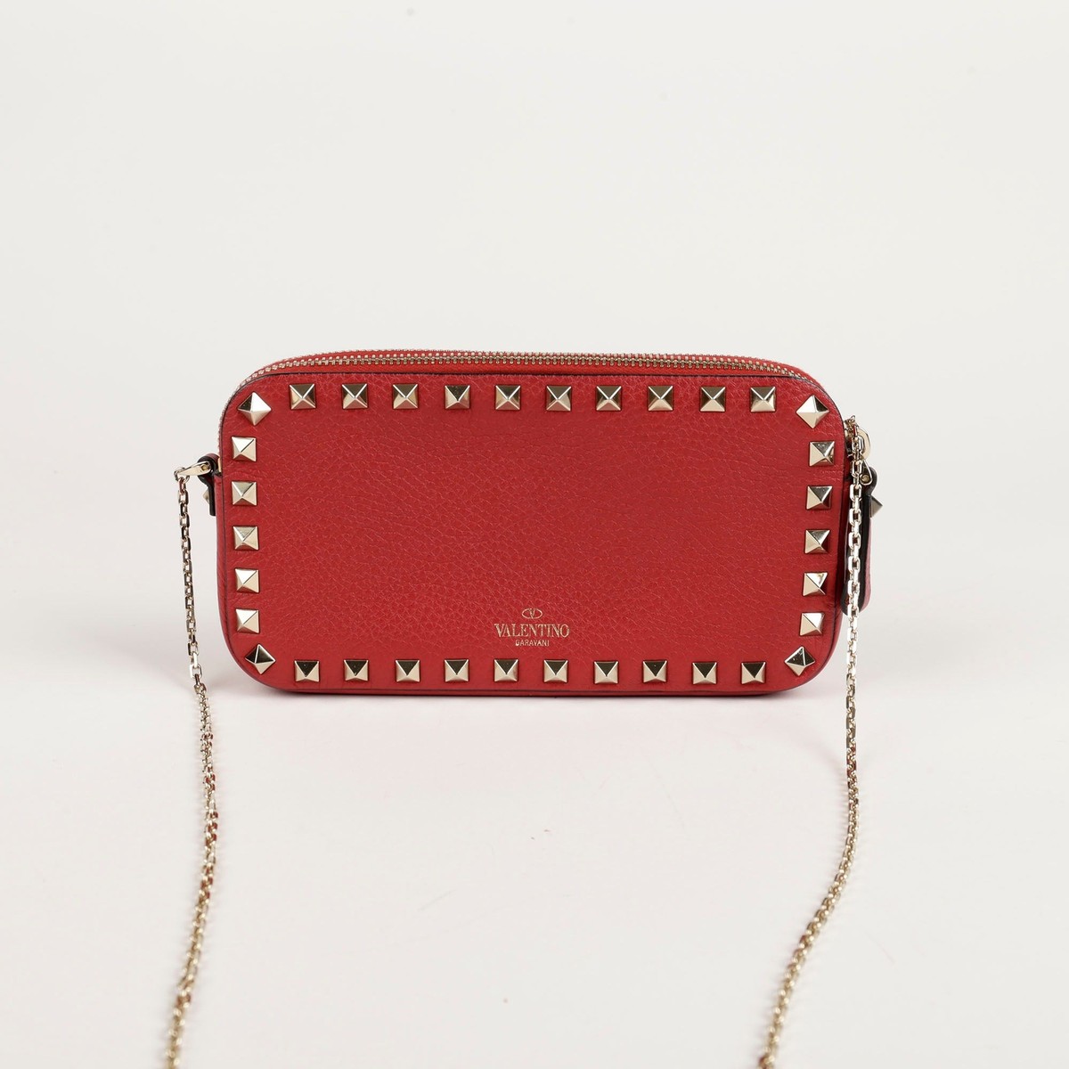 レッドバレンティノ☆タグ付き☆ Valentino Red Leather Rockstud Double Zip Chain Crossbody