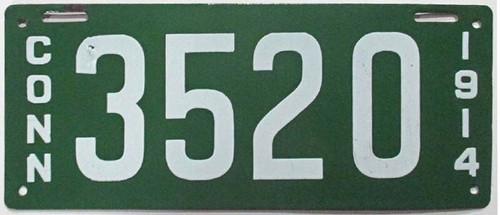 Connecticut 1914 Porcelain 4-Digit License Plate 3520 with a Nice Gloss