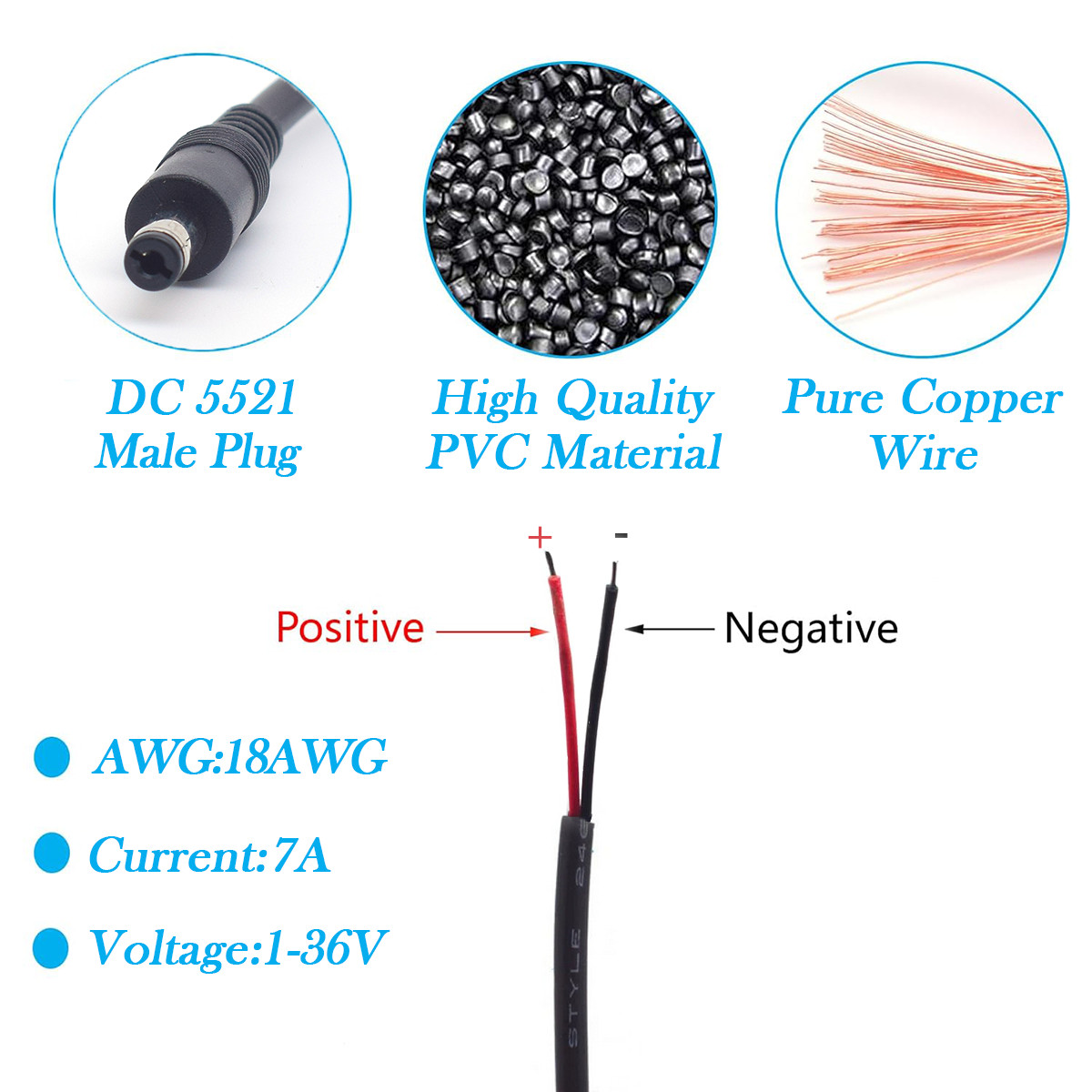 6x 5.5x2.1mm Male Plug to Pigtail Cable 18AWG DC 1FT/03M 7A for LED Strip CCTV