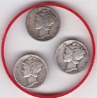 3 x  Mercury  P  Coins   10 Cents /  Dimes  (90% Silver)  (1940, 1941, & 1942)