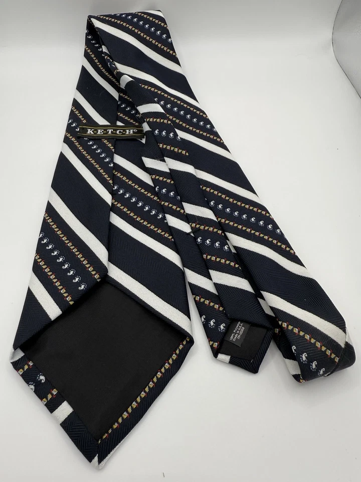 Ketch REPP Striped Necktie Blue & White Classic Style 100 % Polyester Wide Retro - Image 3 of 4