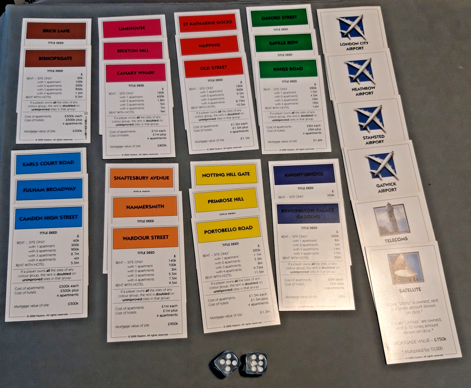 Monopoly Set of Property Deeds & 2 Dice Here & Now Electronic Banking Edition