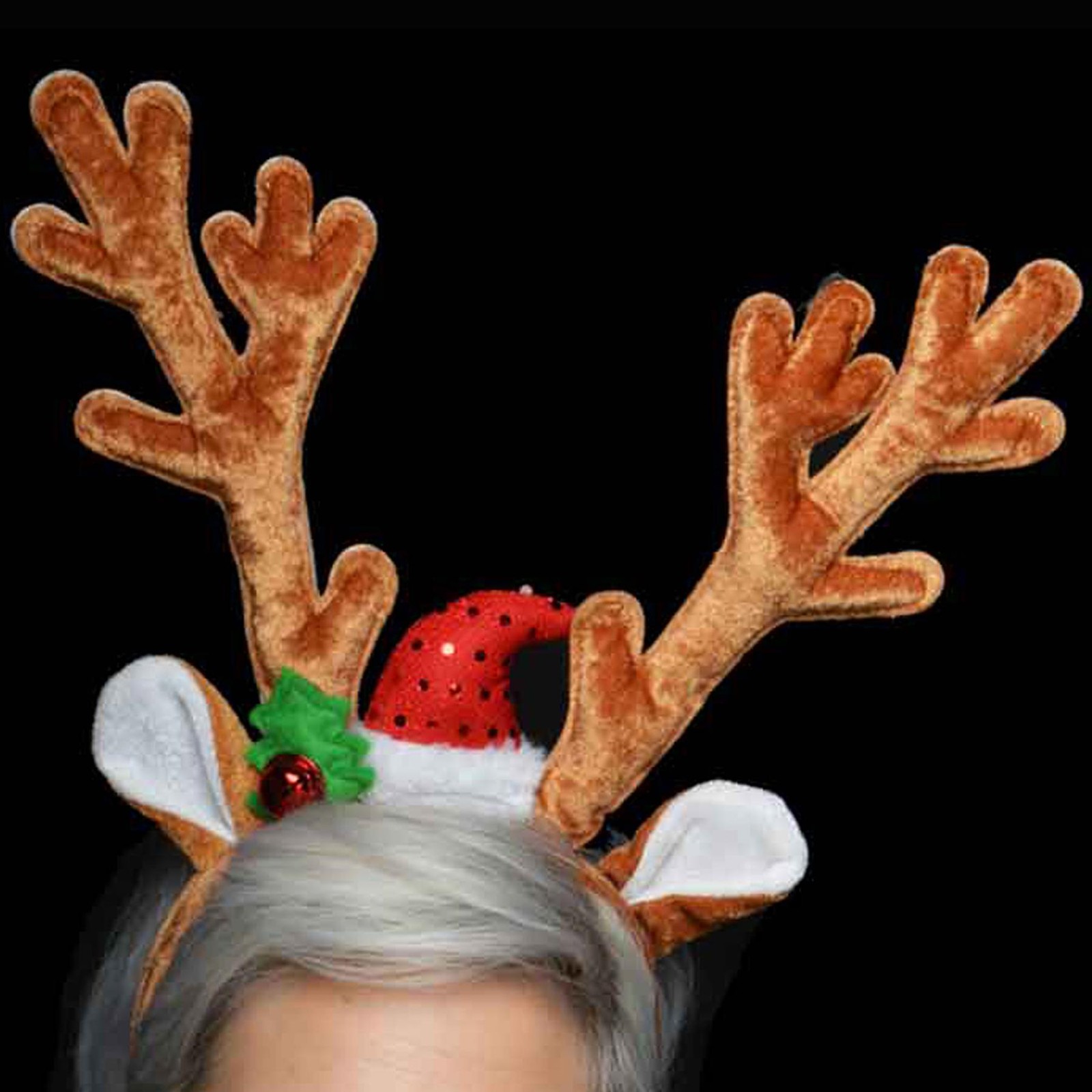 Antlers De Reno De Terciopelo Deluxe Para Navidad En Diadema Con Cascabel
