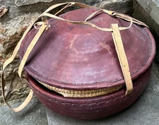 ANTIQUE ETHIOPIAN LUNCHBOX LEATHER LIDDED GRASS BASKET 14" Wide