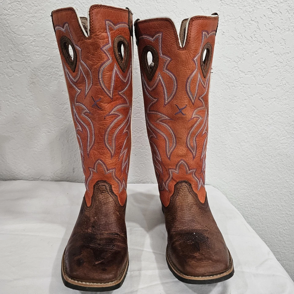 Twisted X Leather Brown/Orange Tall Leather Sq Toe Boots YBK0003 Boys 2M - Image 2 of 4