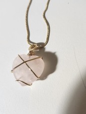 Rose Quartz Heart Wire Wrapped Pendant Necklace Gold Tone Chain Women