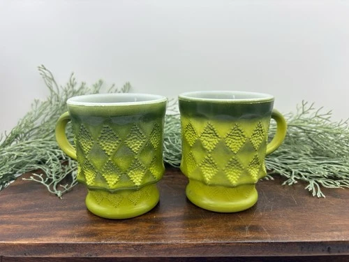 Vintage Fire-King Green Diamond Mugs – Milk Glass Ombre Coffee Cups Kimberley
