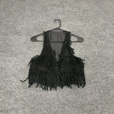 Vintage Vest Womens 15x16 Black Suede Leather Fringe Western Boho Rocker Style