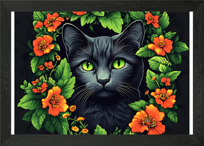 Schwarze Katze in bunten Blumen gerahmtes Wandbild Poster Leinwanddruck Bild
