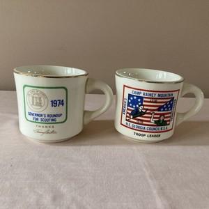 2 Vintage Boy Scout Coffee Mugs Cups Bicentennial Camp Rainey Gov. Roundup 1970s