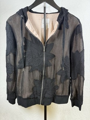 Anthropologie AVEC LES FILLES Mesh Hoodie Sz M Black Blush Floral Embroidery Zip