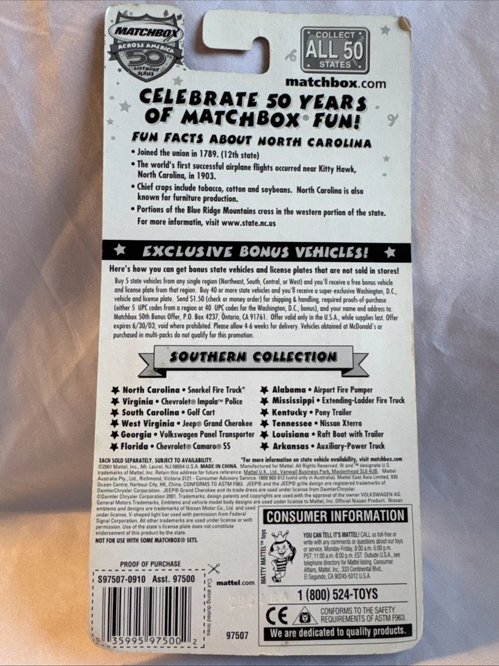 Matchbox Across America 50th North Carolina Snorkel Fire Truck Rescue Truck 1/64 - Image 2 of 4