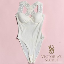 Victoria s Secret Gold Label Lace Racerback Bodysuit Ivory Vintage 90 s Bridal M