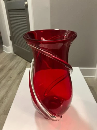 Reduced to move.  Vintage Murano Art Red with Clear Swirls Vase