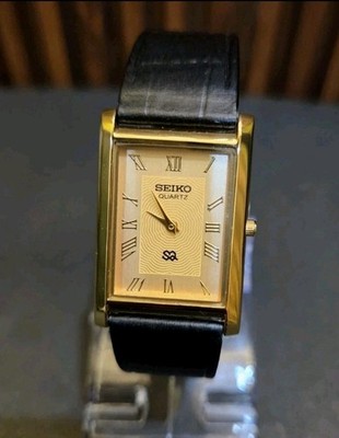 Vintage Seiko Slim Tank Mens Wristwatch Gold Dial Japanese 90s Watch