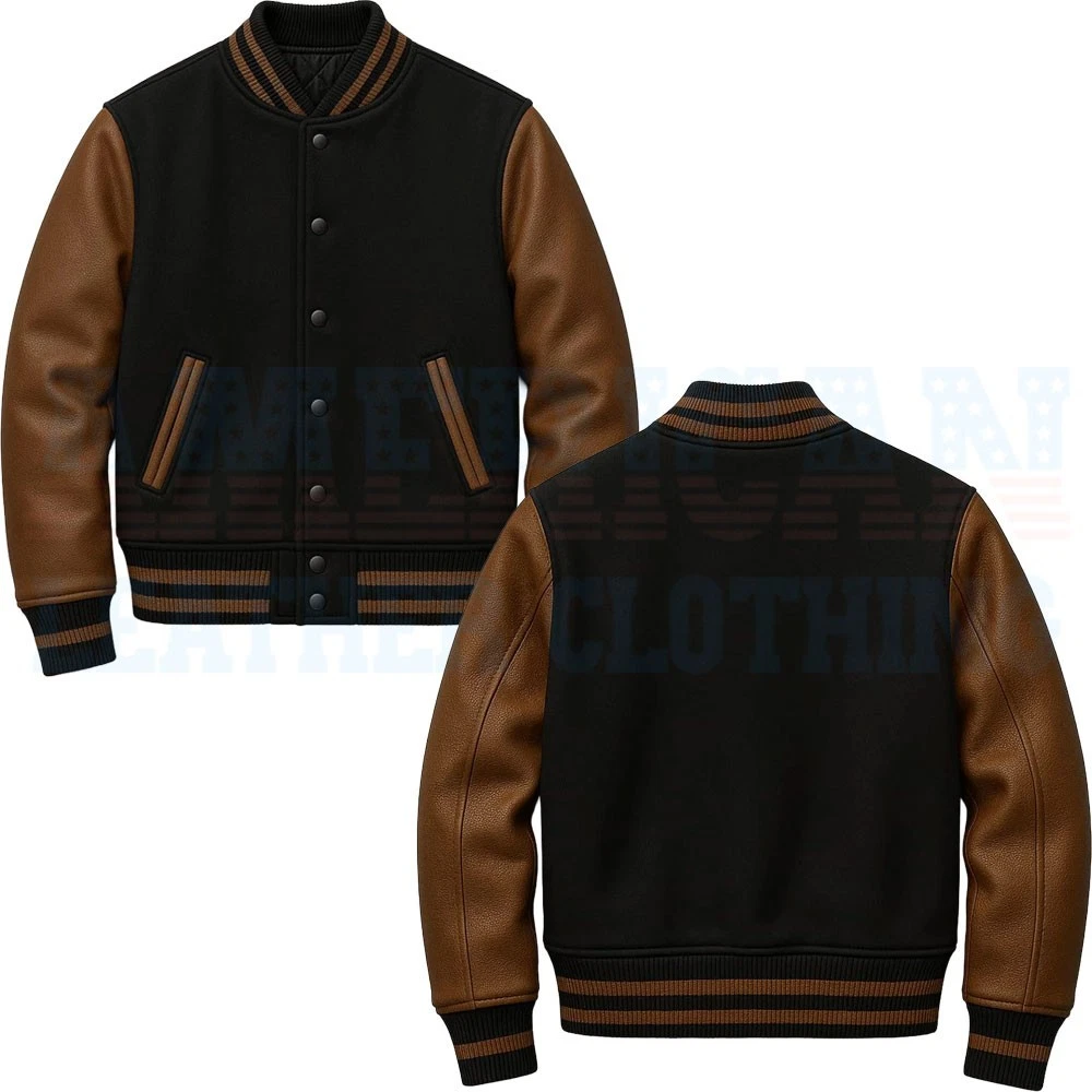 Handmade Men’s Black & Brown Varsity Jacket | Genuine Leather Sleeves | Classic