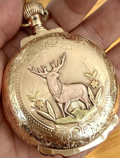 MINTY 1889 WALTHAM 18S 14K MULTICOLOR USASSAY BOX HINGED STAG POCKET WATCH 151g