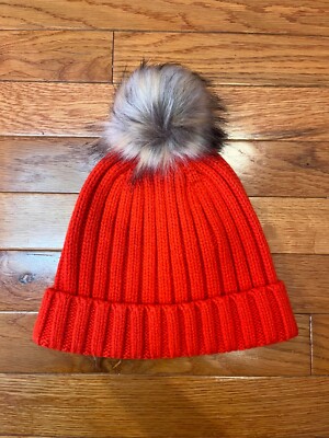 NWT Ribbed Beanie with Faux-Fur Pom-Pom Orange Cute Warm Women  Winter Hat