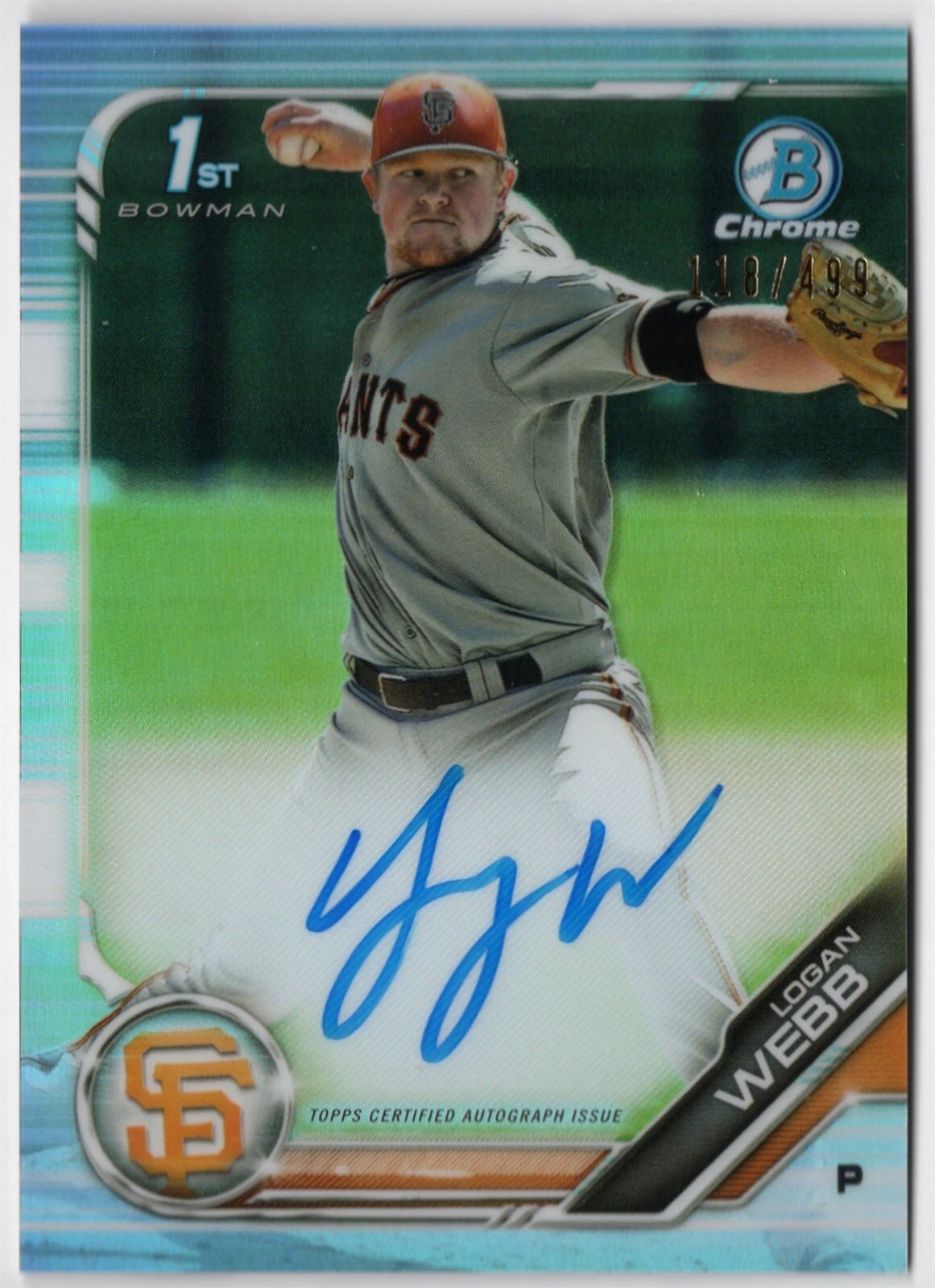 2019 Bowman Chrome Prospect Auto Refractor LOGAN WEBB CPA-LW #118/499 Giants 1st