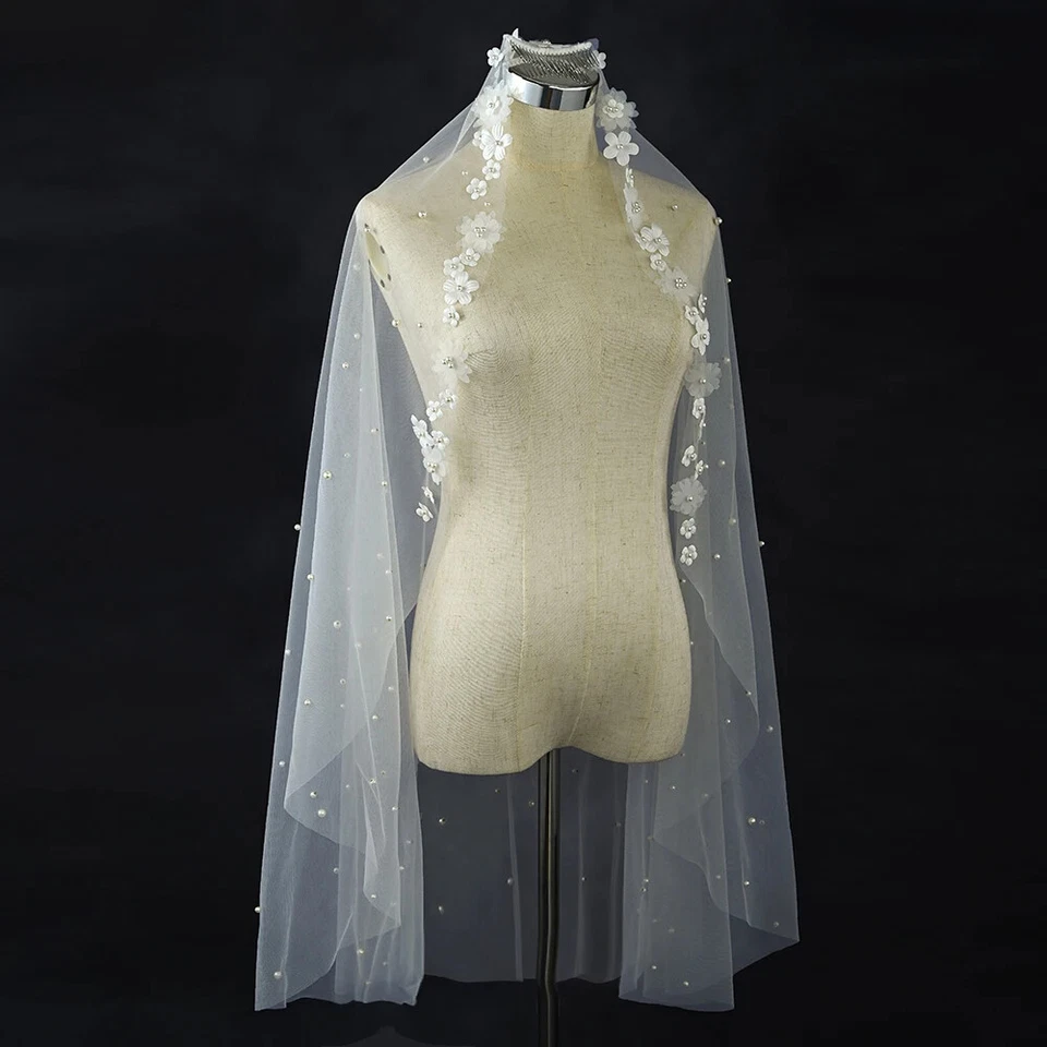 Flowers Bridal Veil Short Pearls Wedding Veil 1 Tier Elegant Wedding Accessories - Image 4 of 4