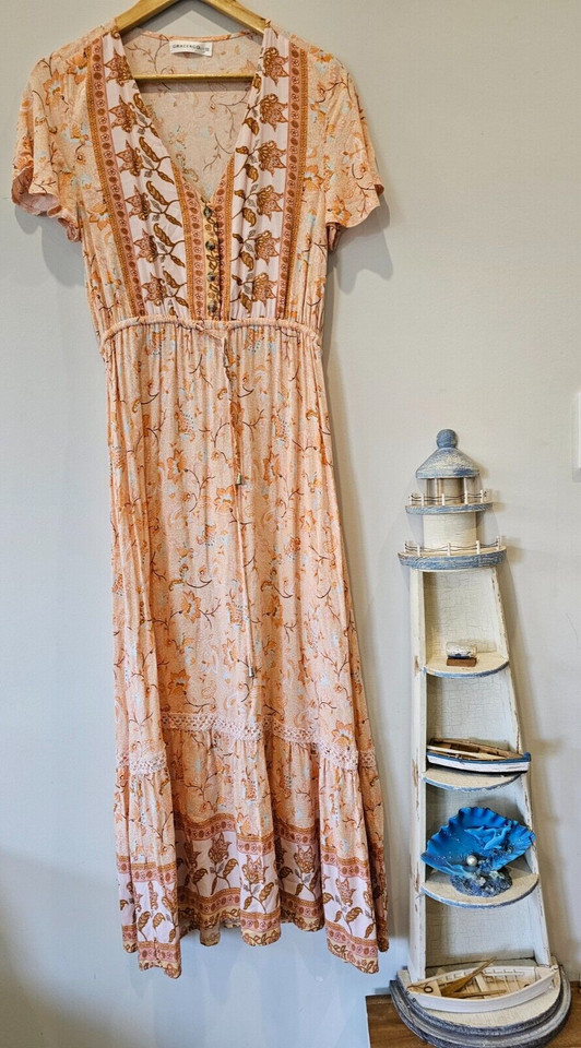 Grace & Co womens maxi a-line dress orange pink white floral print V-neck 10