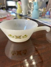 Vintage Milk Glass Anchor Hocking Fire King Green Meadows Handled Soup Bowl
